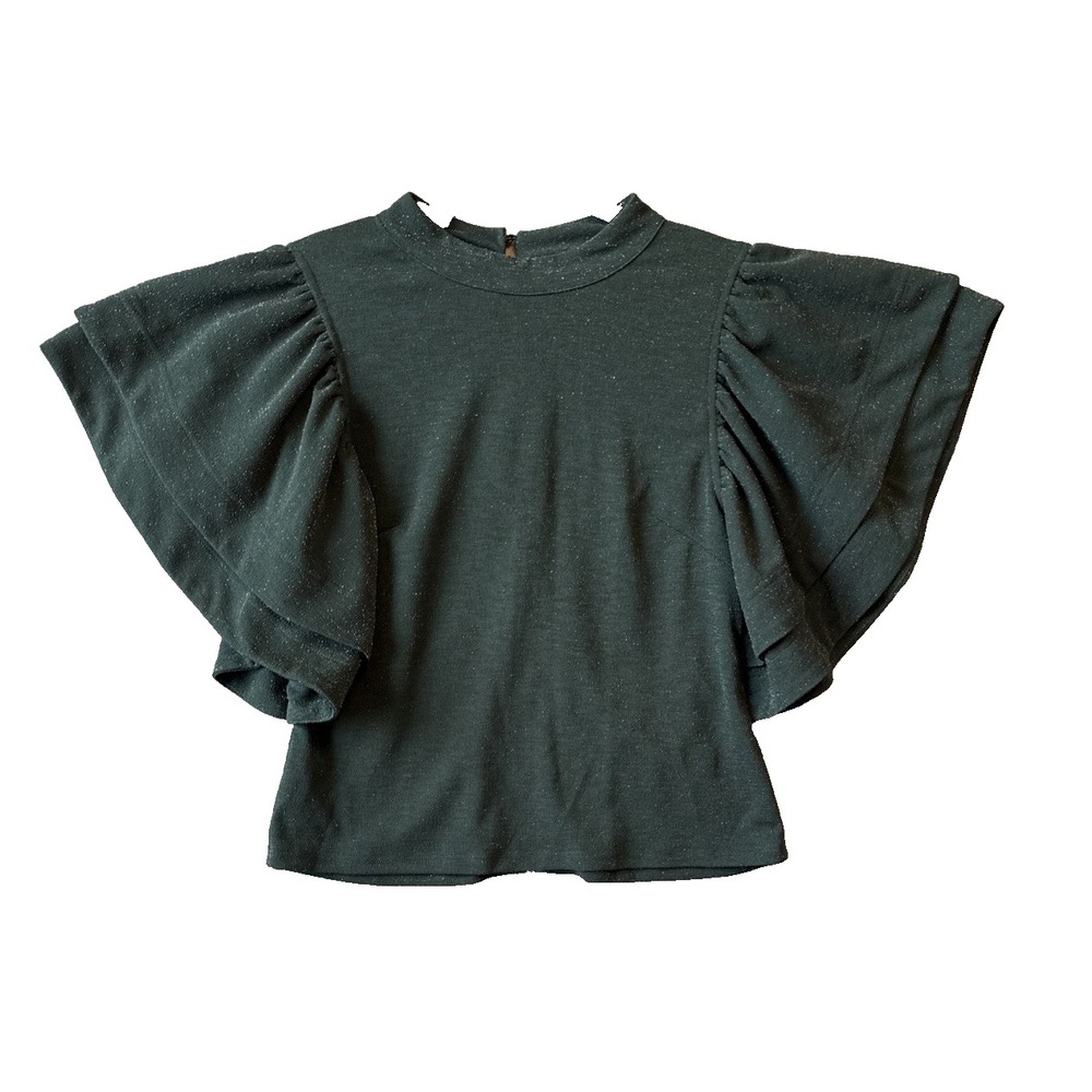 Whimsigoth Green Shimmer Flutter Ruffle Sleeve Mock Neck Open Back Party Crop L